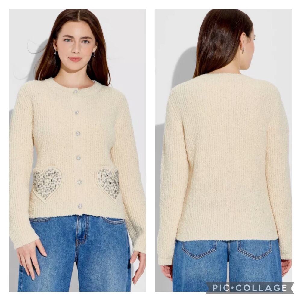 Wicked Katie Kime Ivory Rhinestone Pearl Cardigan Sweater Size XXS